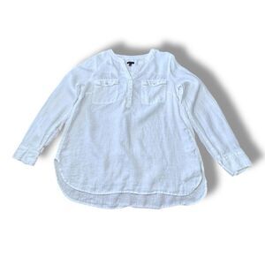 Talbots White Popover Linen Shirt Front Pockets  Office Career Women’s Size L